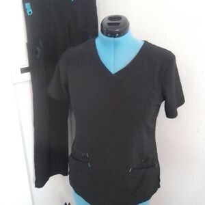 Carhartt Black Scrub Set Small V Neck Short Sleeve Top Elastic Waist Pants